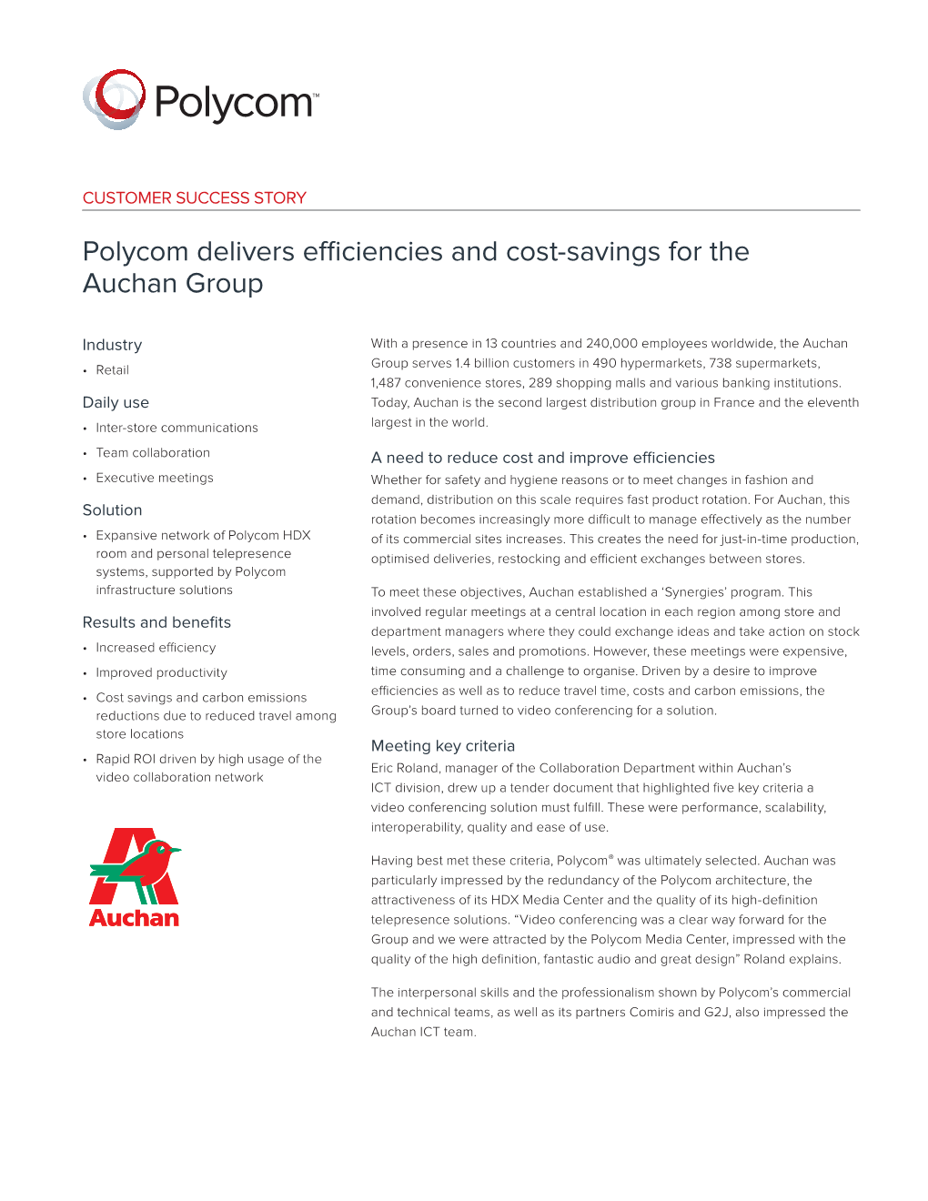 Polycom Delivers Efficiencies and Cost-Savings for the Auchan Group