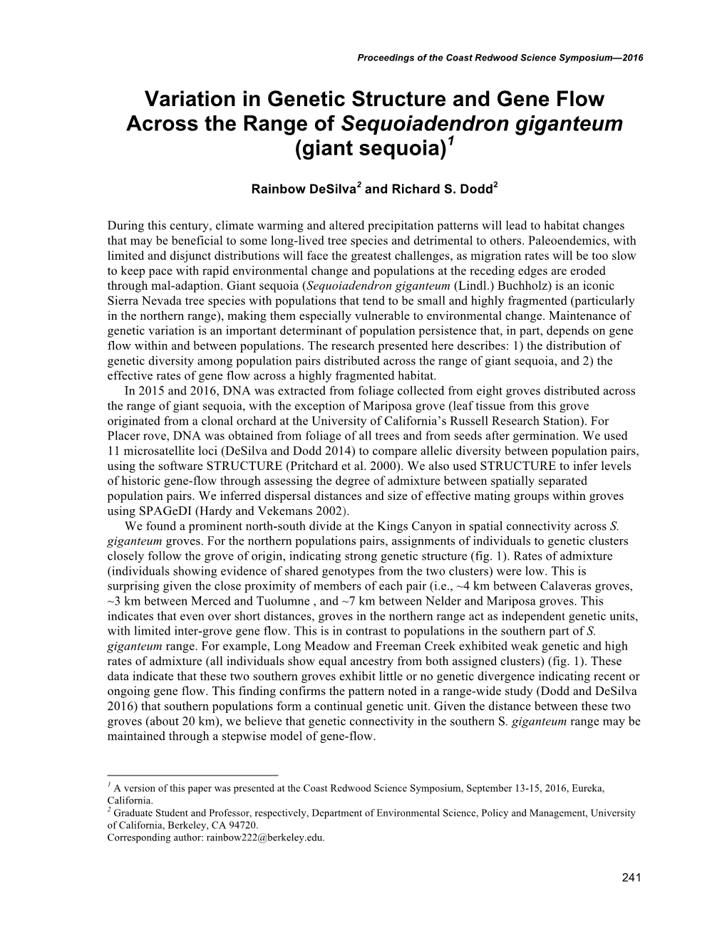 Variation in Genetic Structure and Gene Flow Across the Range of Sequoiadendron Giganteum (Giant Sequoia)1