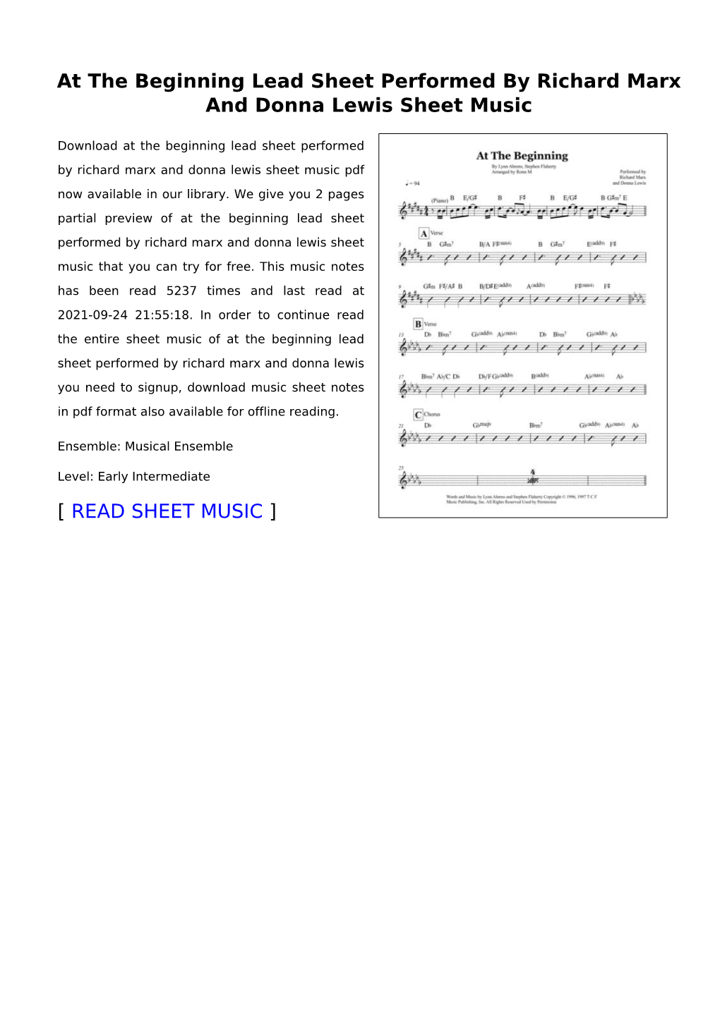 At the Beginning Lead Sheet Performed by Richard Marx and Donna Lewis Sheet Music