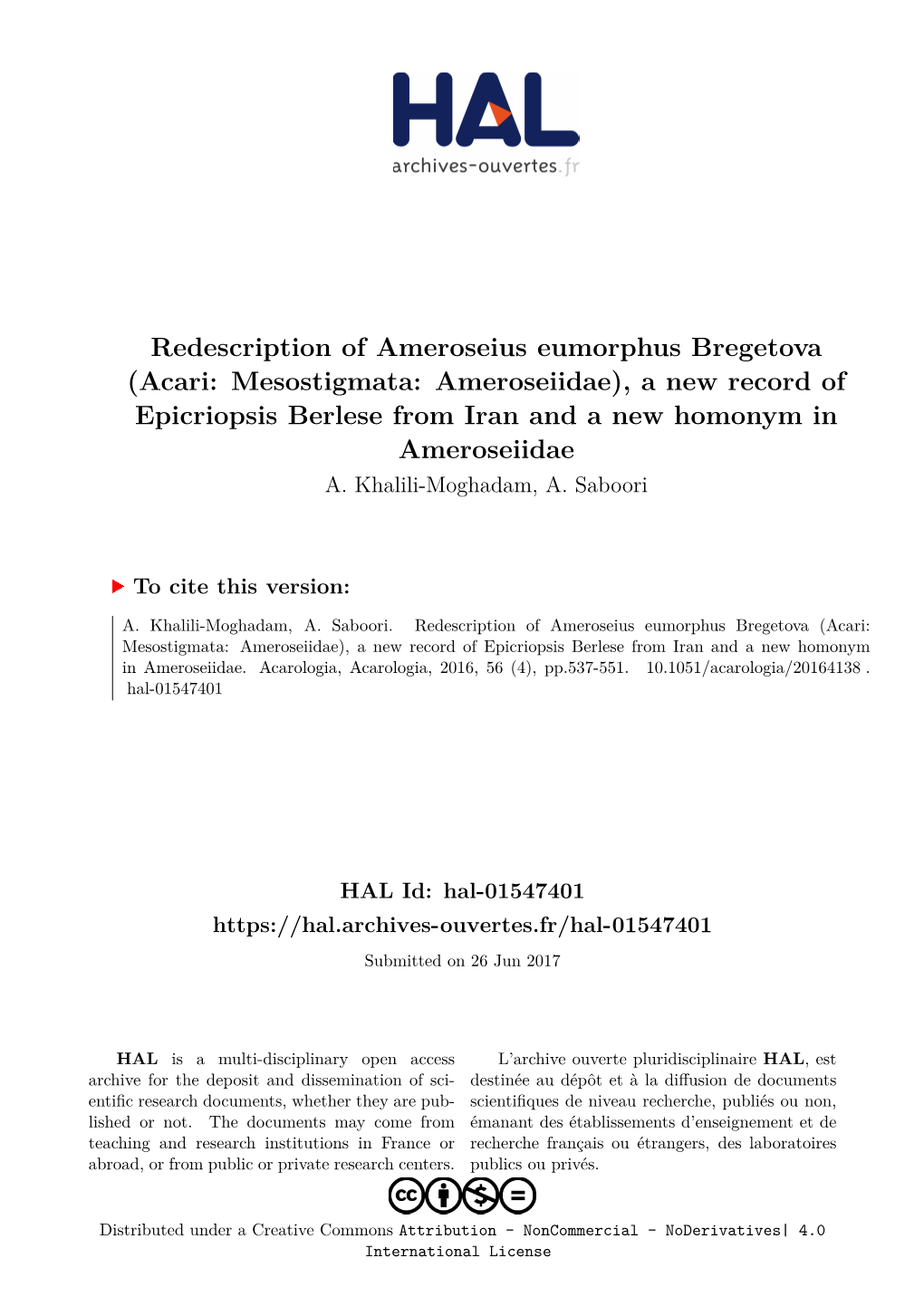 Acari: Mesostigmata: Ameroseiidae), a New Record of Epicriopsis Berlese from Iran and a New Homonym in Ameroseiidae A