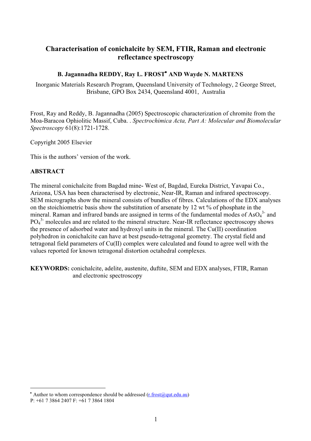 Characterisation of Conichalcite by SEM, FTIR, Raman and Electronic Reflectance Spectroscopy