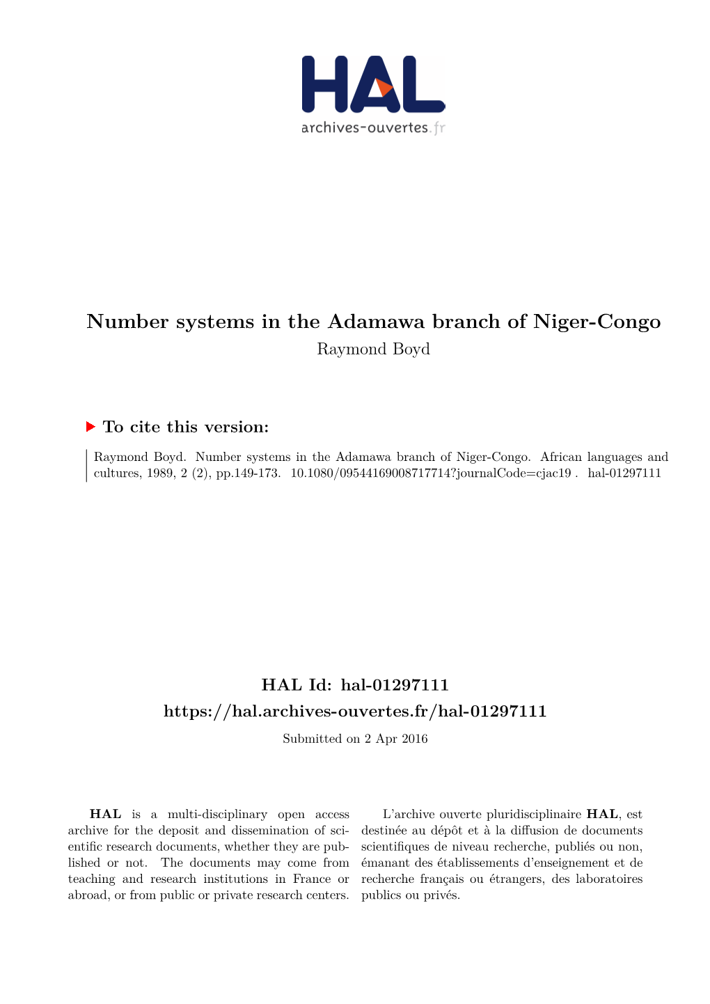 Number Systems in the Adamawa Branch of Niger-Congo Raymond Boyd