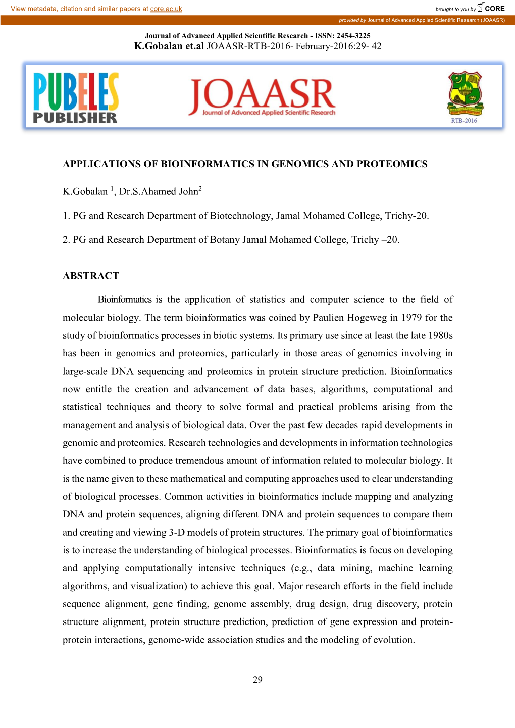 K.Gobalan Et.Al APPLICATIONS of BIOINFORMATICS in GENOMICS