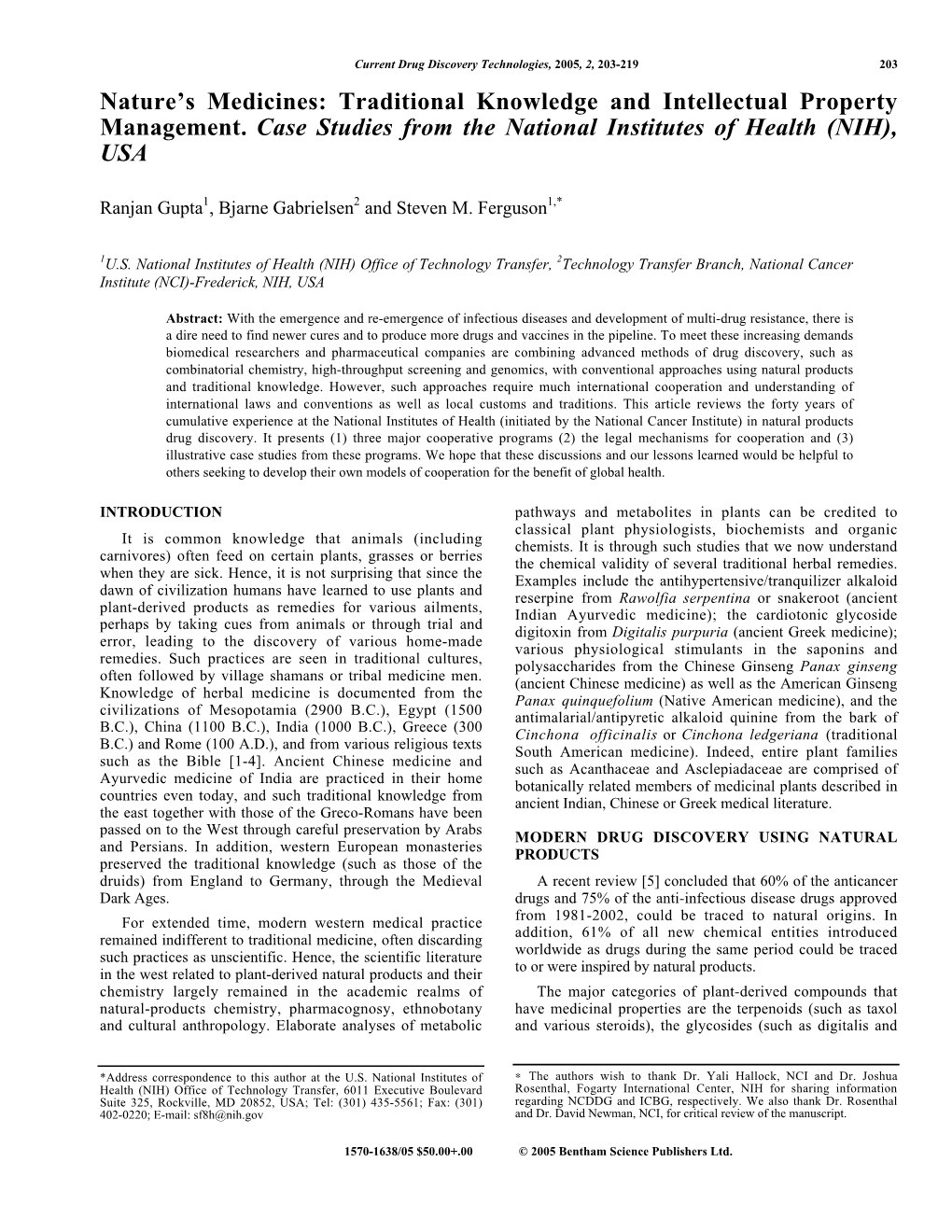 Nature's Medicines: Traditional Knowledge and Intellectual Property Management. Case Studies from the National Institutes of H