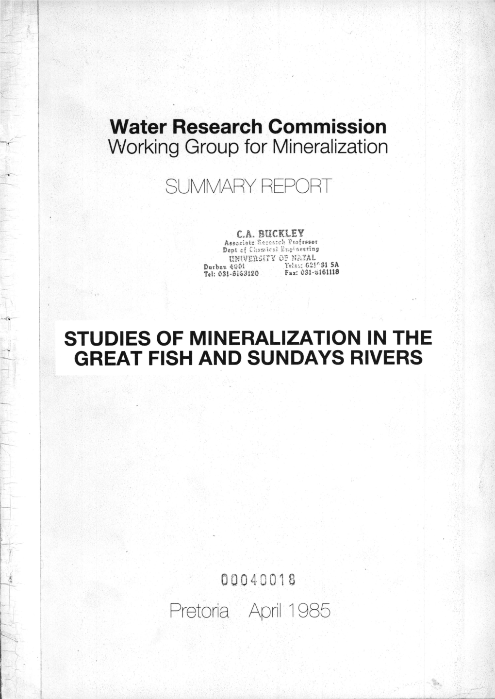 Water Research Commission Working Group for Mineralization