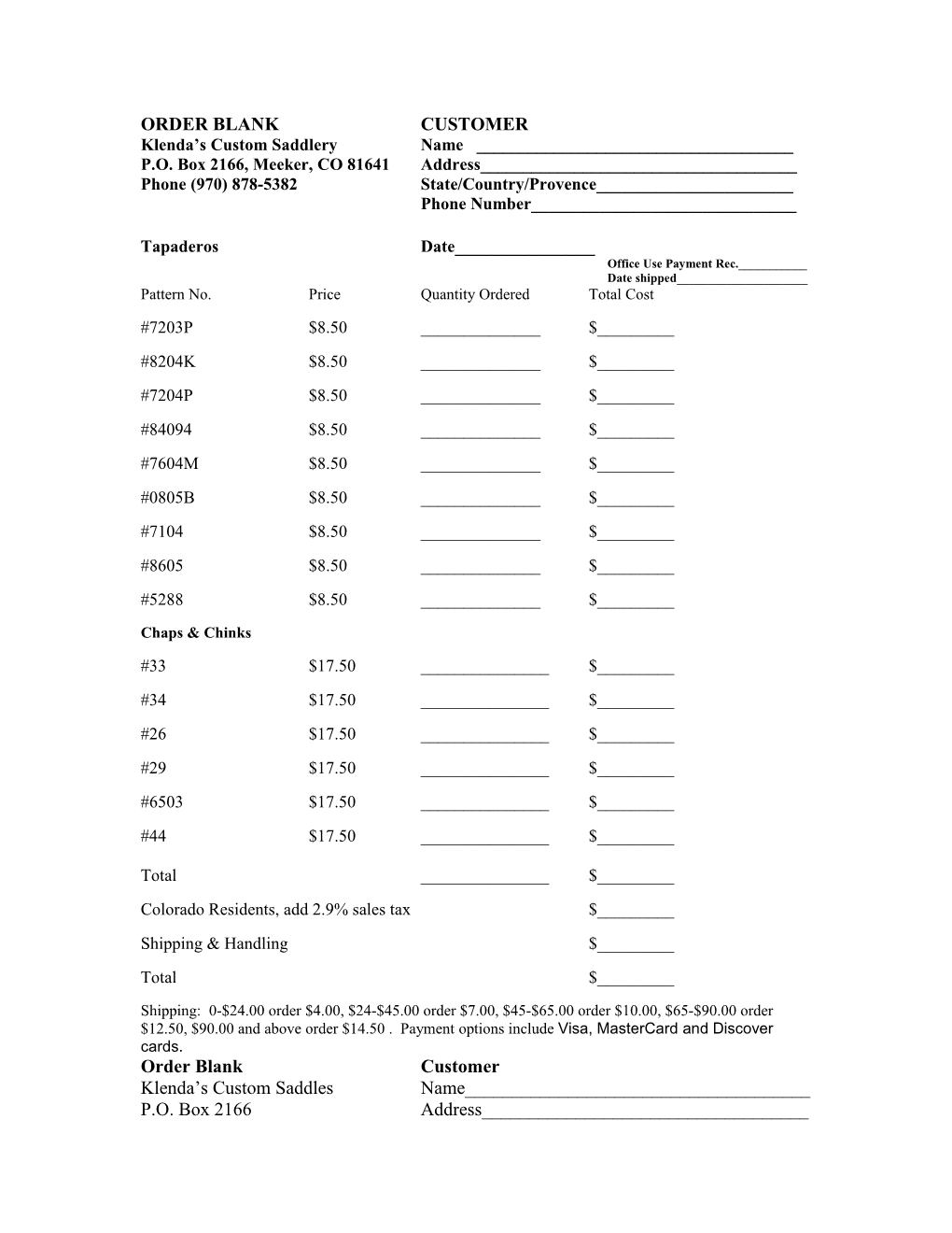 ORDER BLANK For Klenda’S Custom Saddlery Patterns