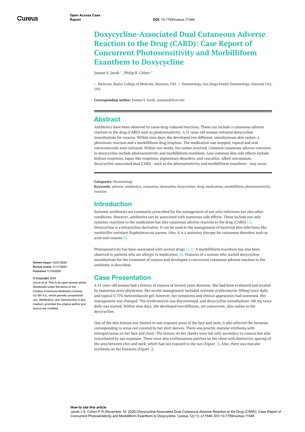 (CARD): Case Report of Concurrent Photosensitivity and Morbilliform Exanthem to Doxycycline