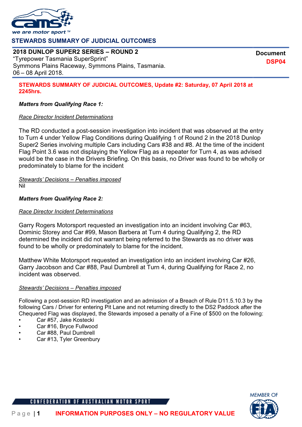 STEWARDS SUMMARY of JUDICIAL OUTCOMES Page