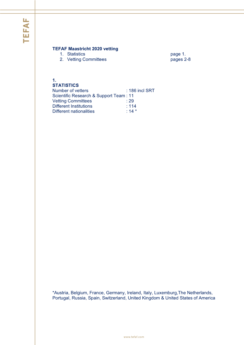 TEFAF Maastricht 2020 Vetting 1. Statistics Page 1. 2. Vetting Committees Pages 2-8