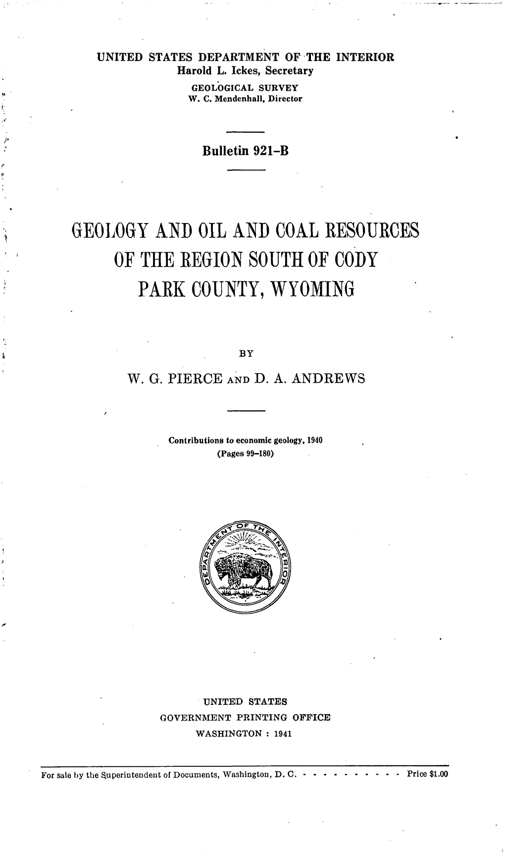 Geology and Oil and Coal Eesoueces of the Eegion South of Cody Paek County, Wyoming