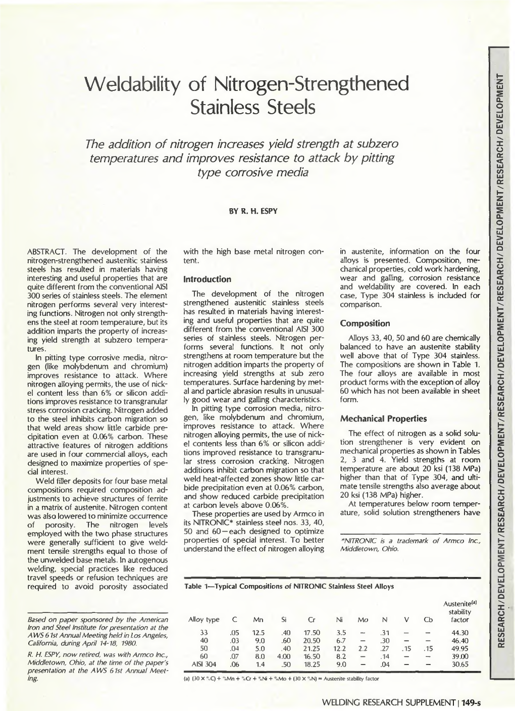 Weldability of Nitrogen-Strengthened Stainless Steels