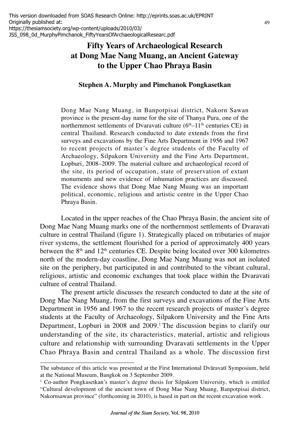 Fifty Years of Archaeological Research at Dong Mae Nang Muang, an Ancient Gateway to the Upper Chao Phraya Basin