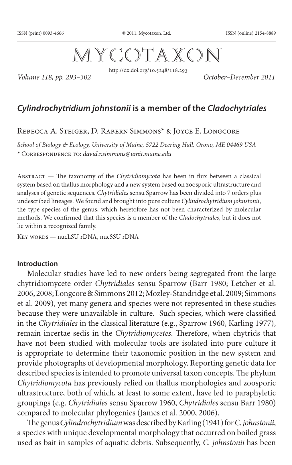 &lt;I&gt;Cylindrochytridium Johnstonii&lt;/I&gt;