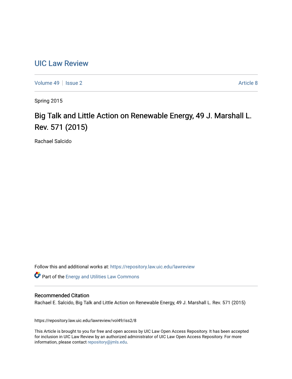 Big Talk and Little Action on Renewable Energy, 49 J. Marshall L