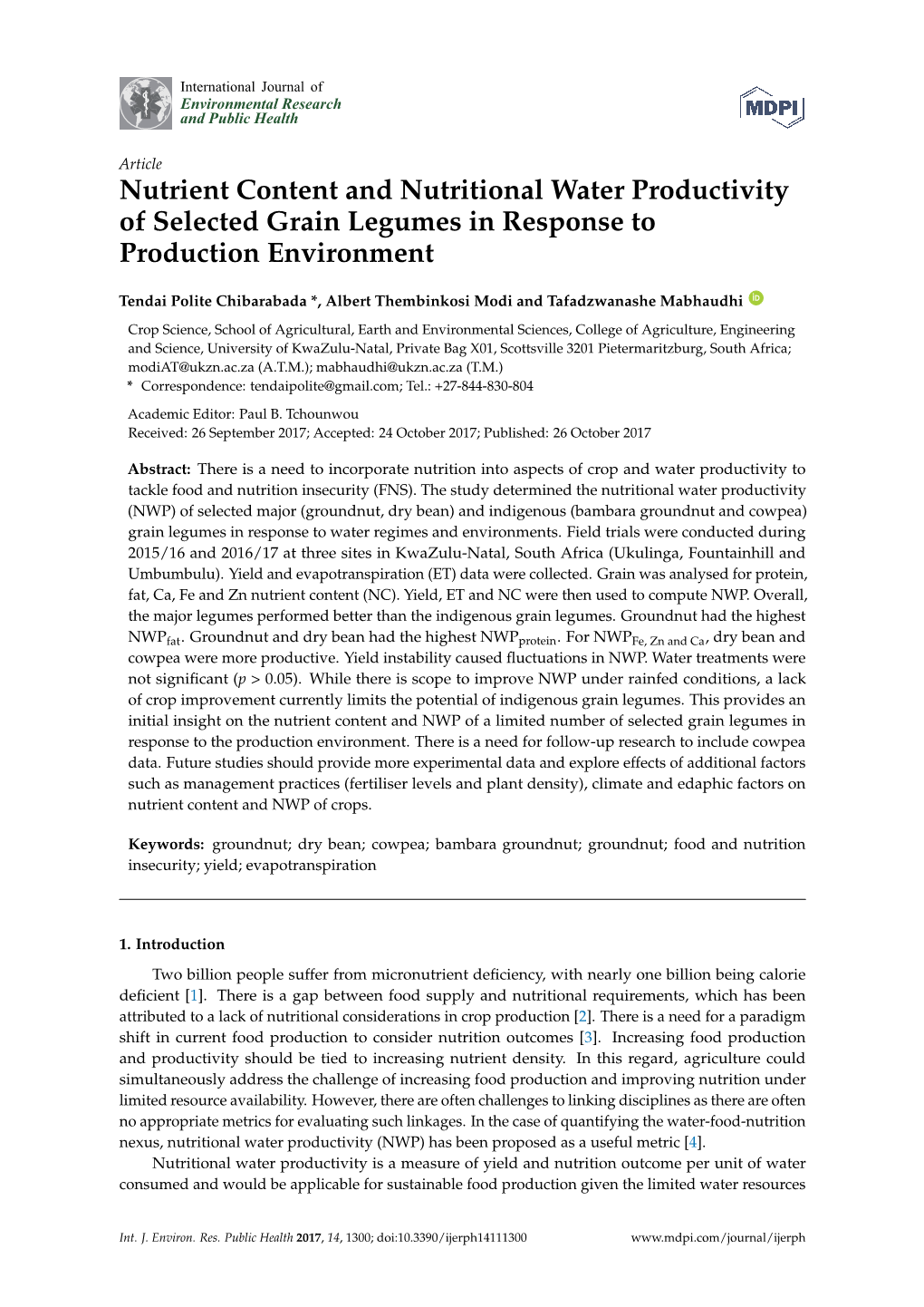 Nutrient Content and Nutritional Water Productivity of Selected Grain Legumes in Response to Production Environment