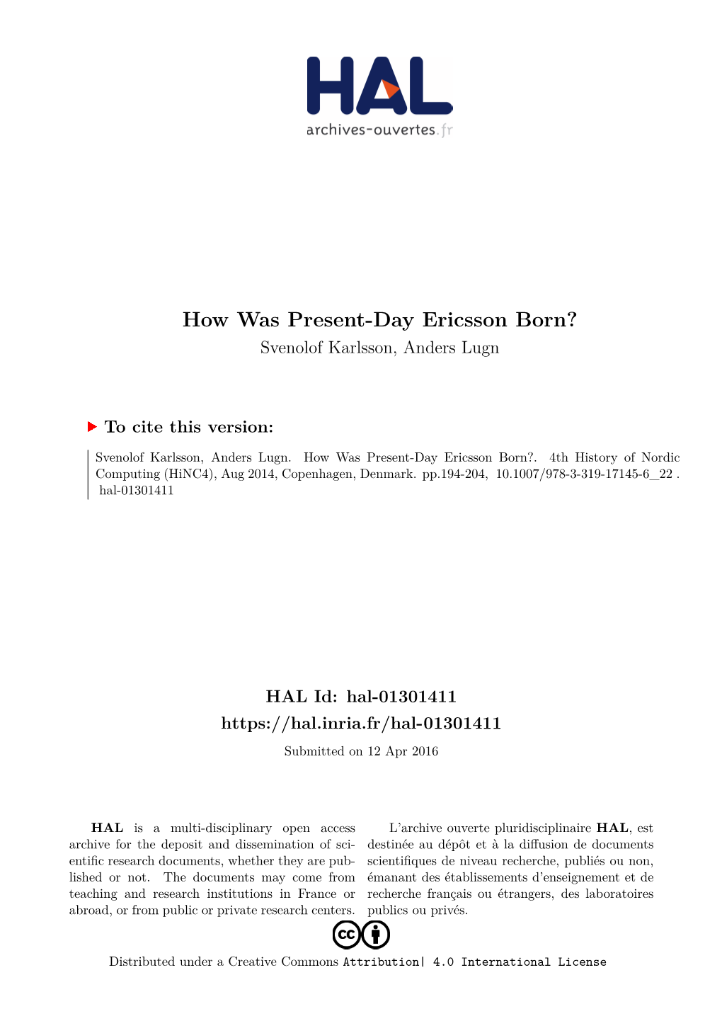 How Was Present-Day Ericsson Born? Svenolof Karlsson, Anders Lugn