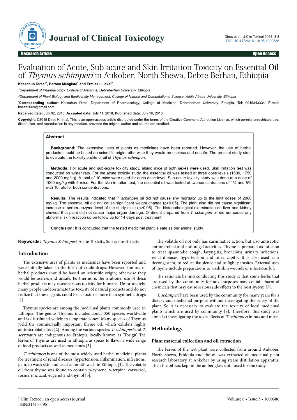 Evaluation of Acute, Sub-Acute and Skin Irritation Toxicity on Essential