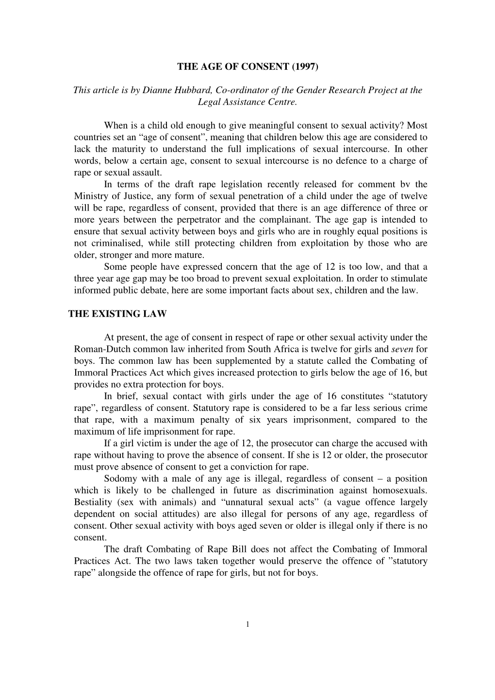 THE AGE of CONSENT (1997) This Article Is by Dianne Hubbard, Co