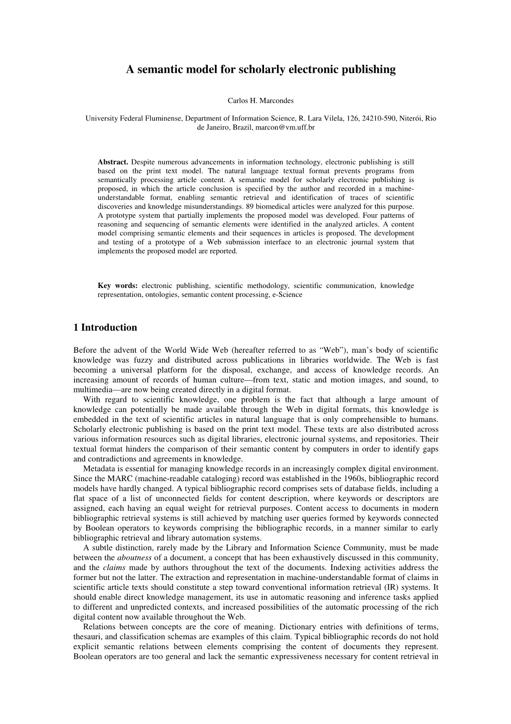 A Semantic Model for Scholarly Electronic Publishing