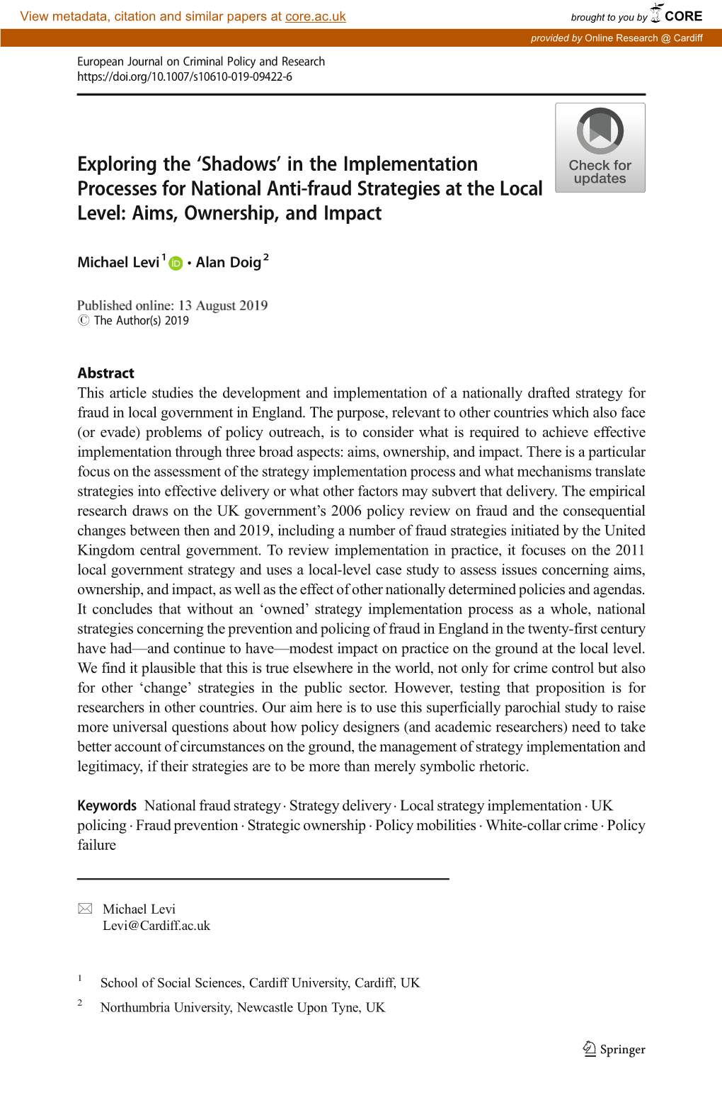 In the Implementation Processes for National Anti-Fraud Strategies at the Local Level: Aims, Ownership, and Impact