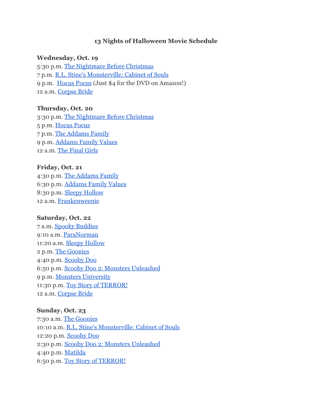 13 Nights of Halloween Movie Schedule