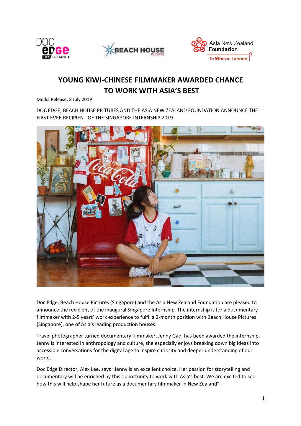 YOUNG KIWI-CHINESE FILMMAKER AWARDED CHANCE to WORK with ASIA’S BEST Media Release: 8 July 2019