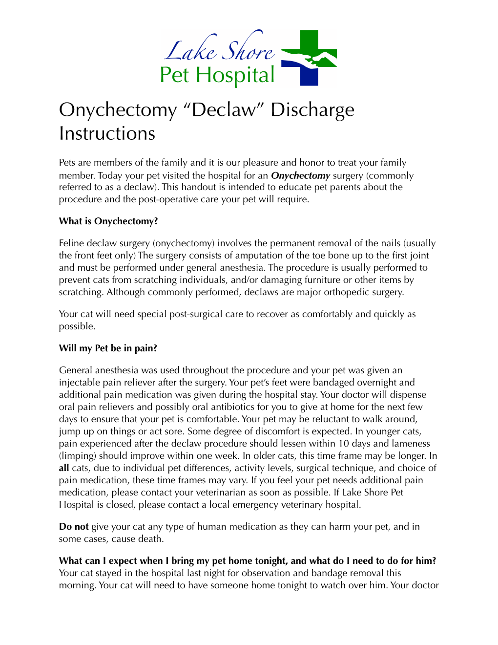 Onychectomy “Declaw” Discharge Instructions