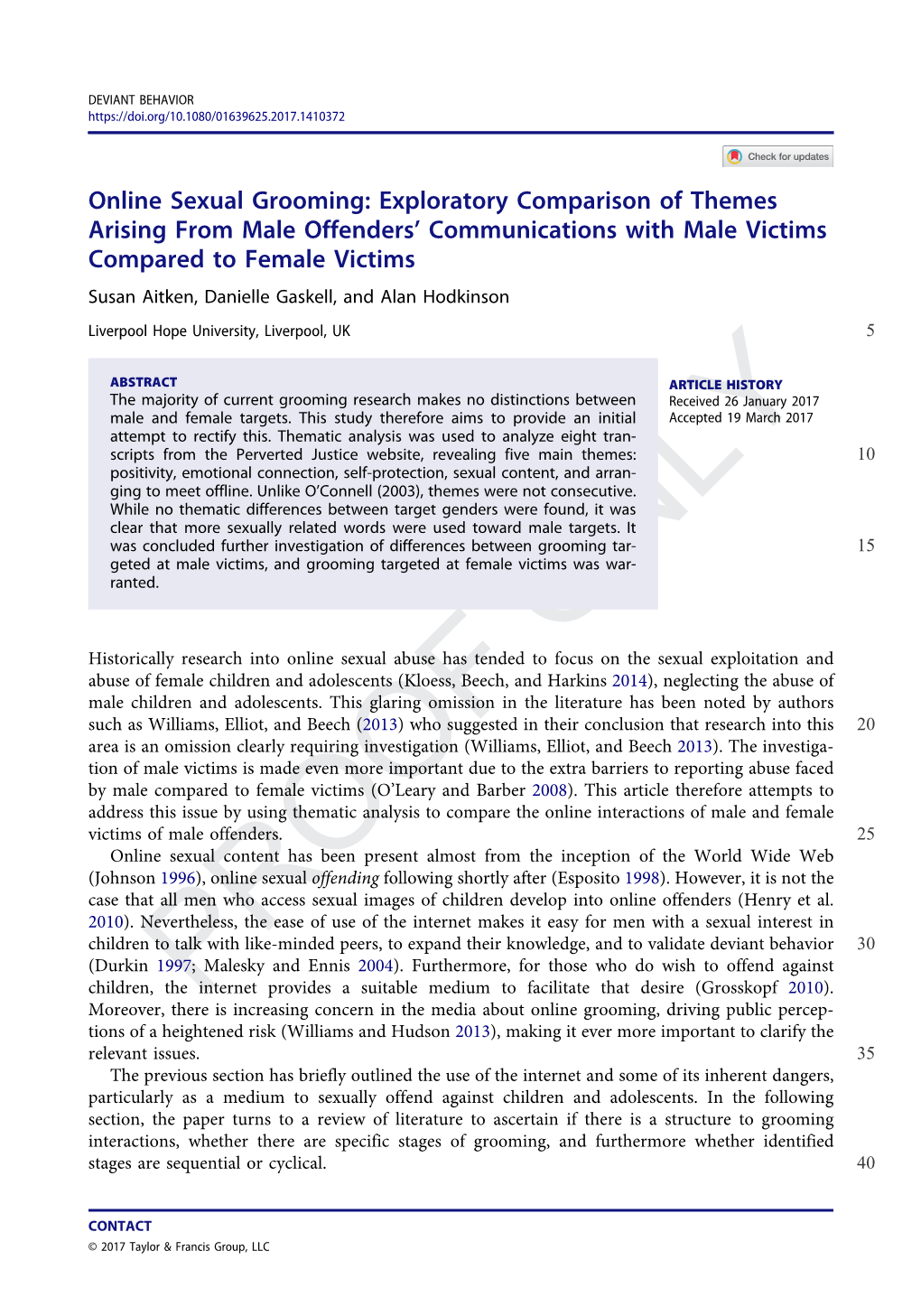Online Sexual Grooming: Exploratory Comparison of Themes Arising from Male Offenders' Communications with Male Victims Compare
