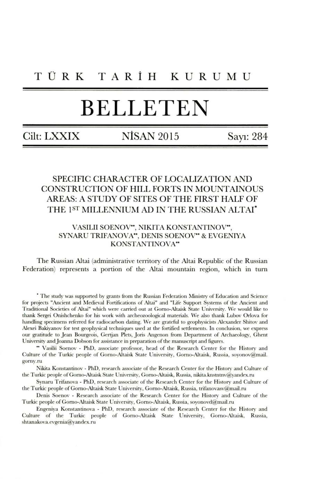 BELLETEN � Cilt: LXXIX NISAN 2015� Say~: 284