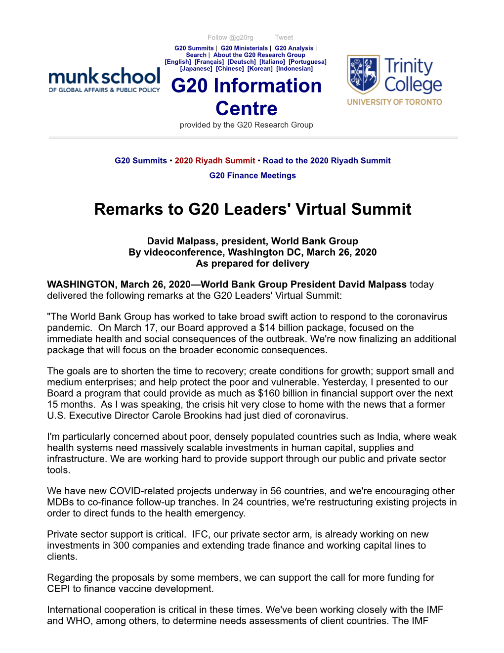 Remarks to G20 Leaders' Virtual Summit