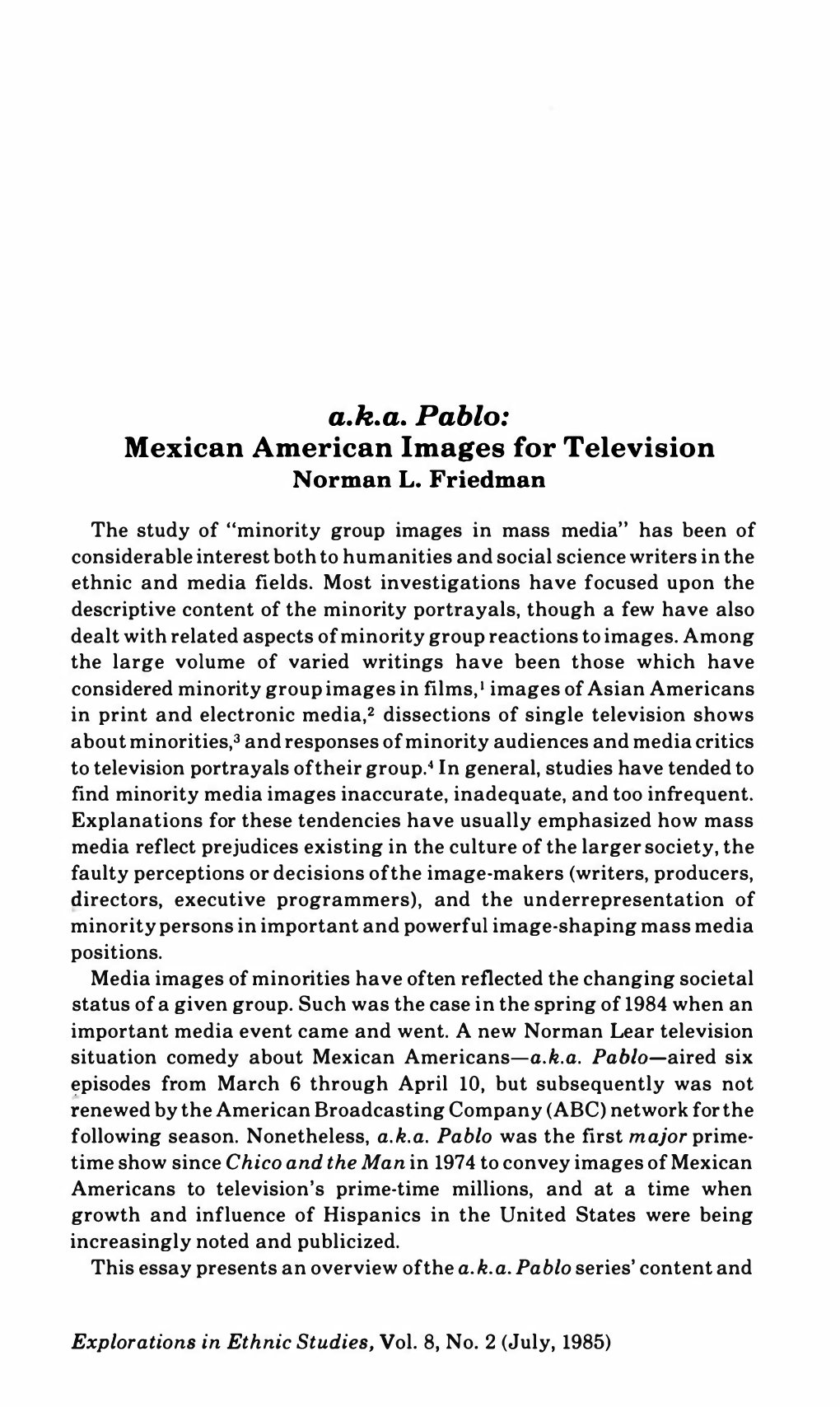 A.K.A. Pablo: Mexican American Images for Television Norman L