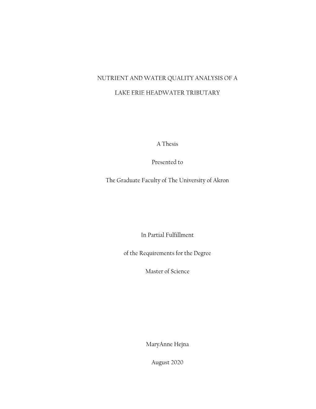 Nutrient and Water Quality Analysis of a Lake Erie