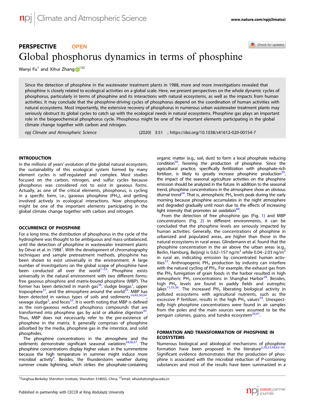 Global Phosphorus Dynamics in Terms of Phosphine ✉ Wanyi Fu1 and Xihui Zhang 1