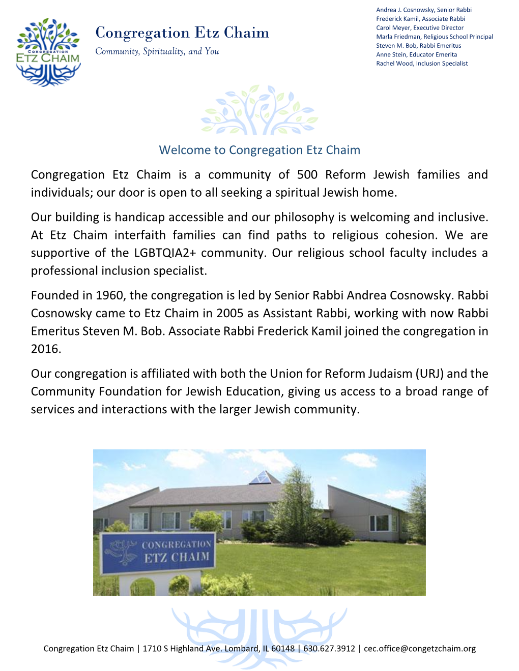 Congregation Etz Chaim Marla Friedman, Religious School Principal Steven M