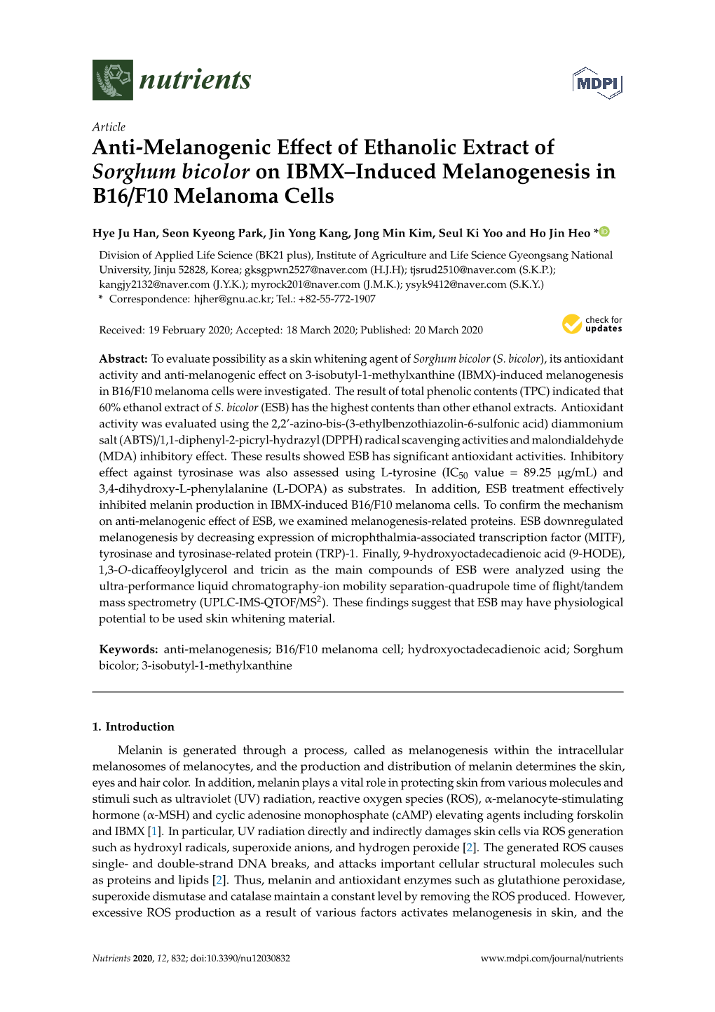 Anti-Melanogenic Effect of Ethanolic Extract of Sorghum Bicolor on IBMX–Induced Melanogenesis in B16/F10 Melanoma Cells