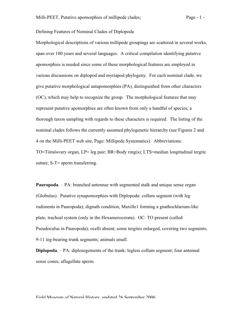 Putative Apomorphies of Millipede Clades; Page - 1