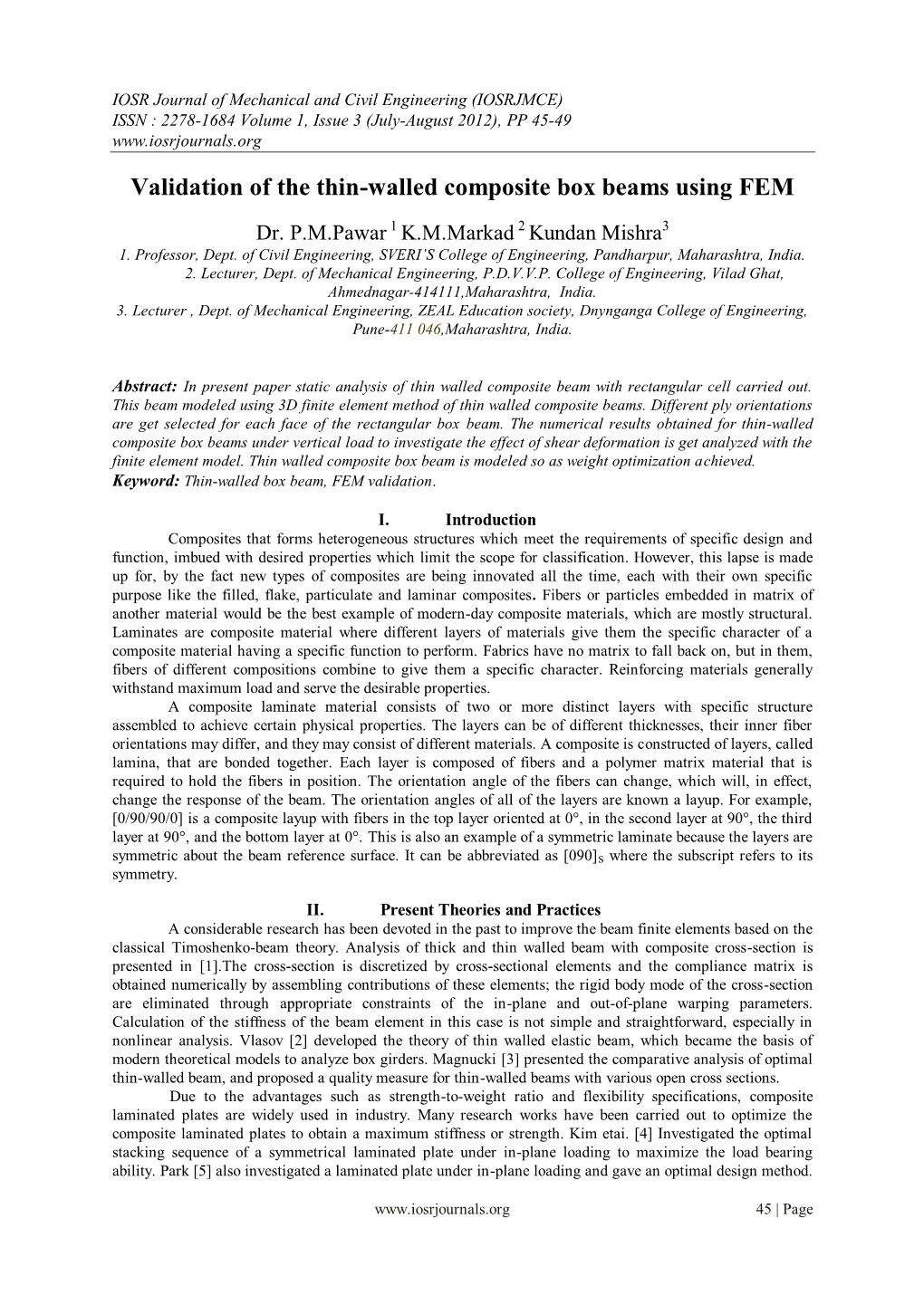 Validation of the Thin-Walled Composite Box Beams Using FEM