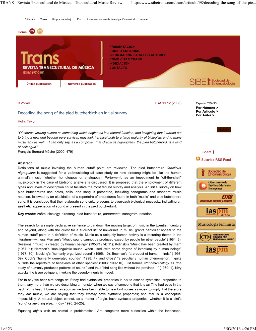 TRANS - Revista Transcultural De Música - Transcultural Music Review