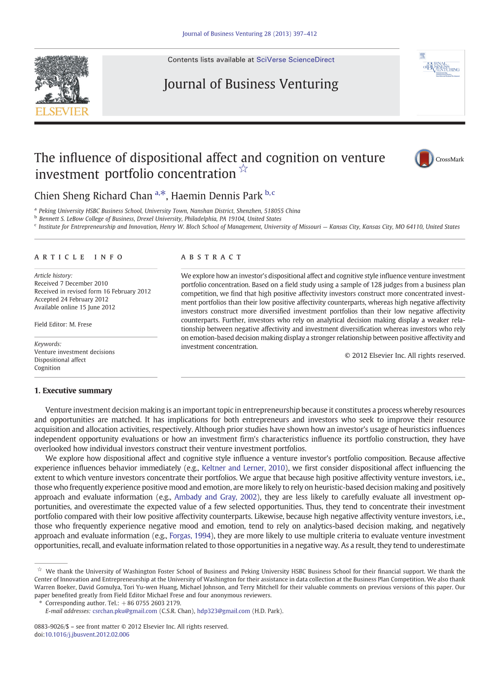 The Influence of Dispositional Affect and Cognition on Venture Investment Portfolio Concentration