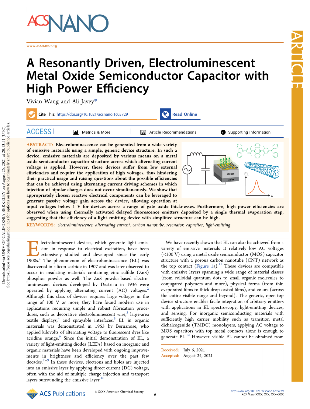 A Resonantly Driven, Electroluminescent Metal Oxide Semiconductor Capacitor with High Power Eﬃciency Vivian Wang and Ali Javey*