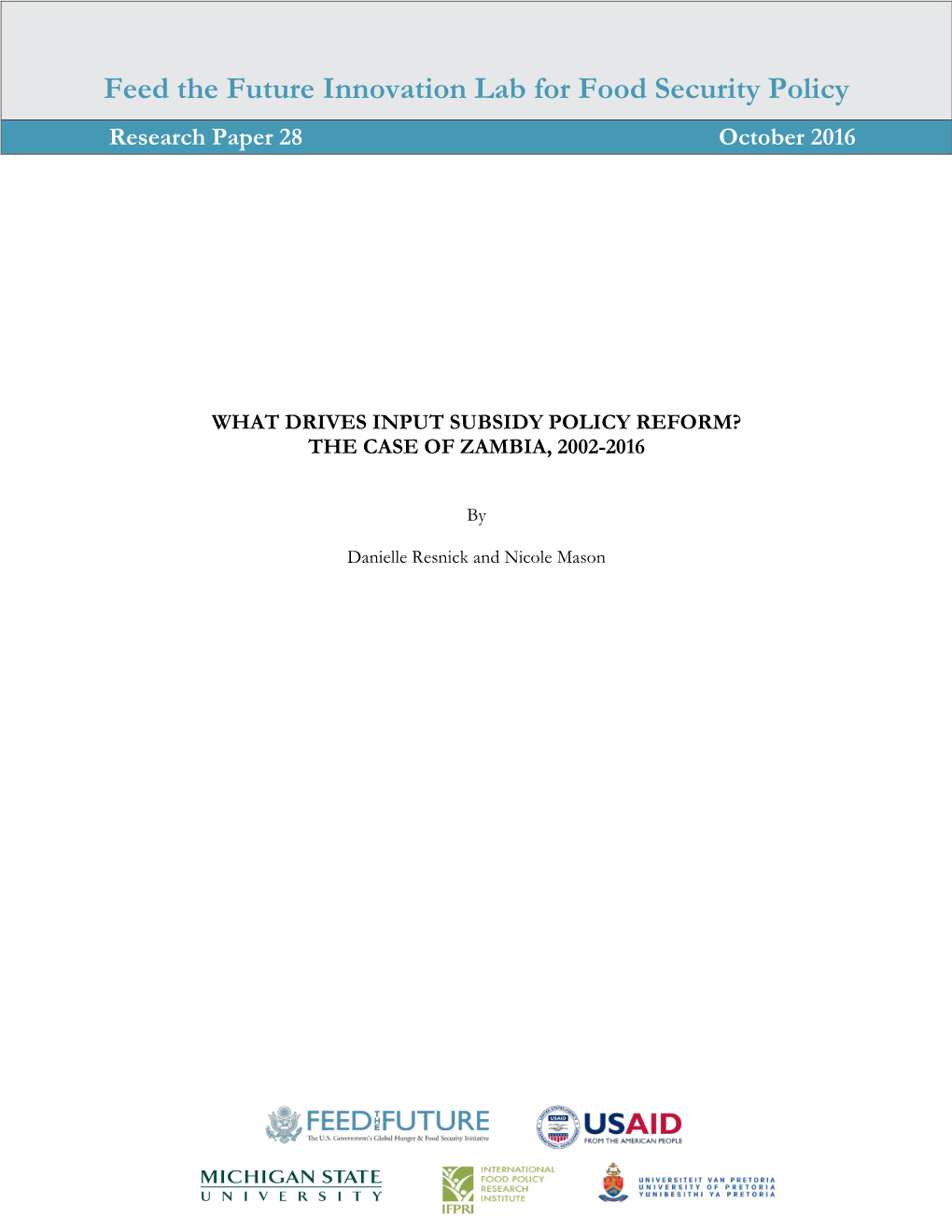 Feed the Future Innovation Lab for Food Security Policy Research Paper 28 October 2016
