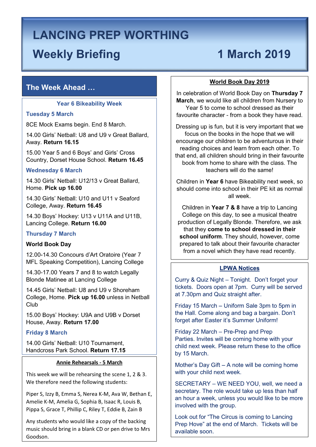 LANCING PREP WORTHING Weekly Briefing 1 March 2019