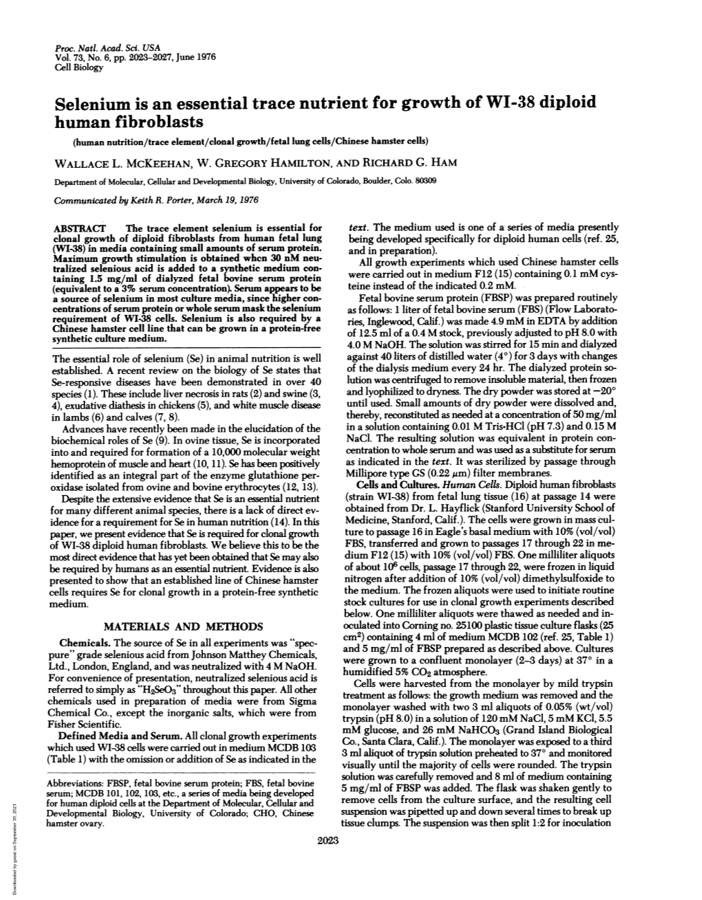 Human Fibroblasts (Human Nutrition/Trace Element/Clonal Growth/Fetal Lung Cells/Chinese Hamster Cells) WALLACE L