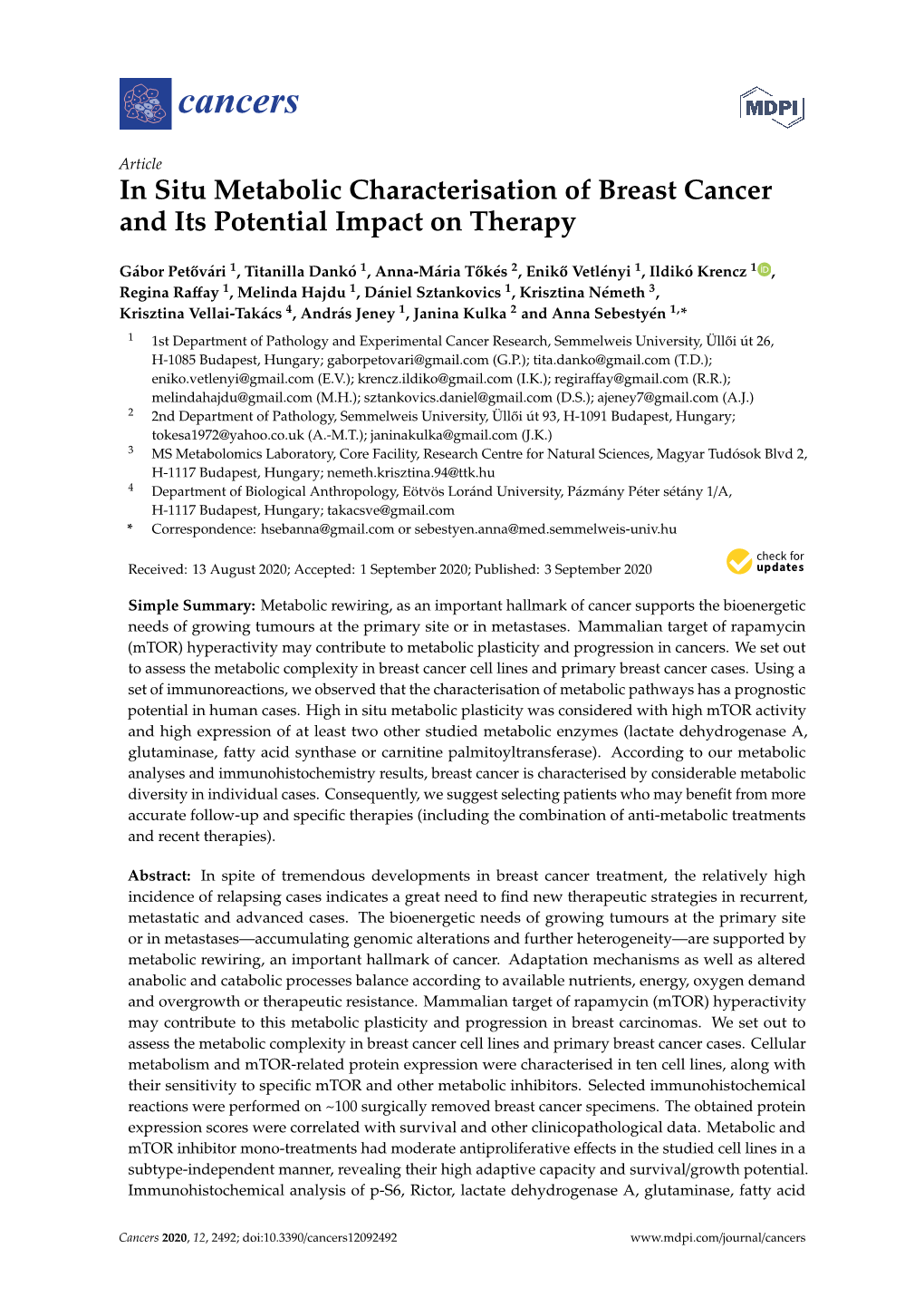 In Situ Metabolic Characterisation of Breast Cancer and Its Potential Impact on Therapy