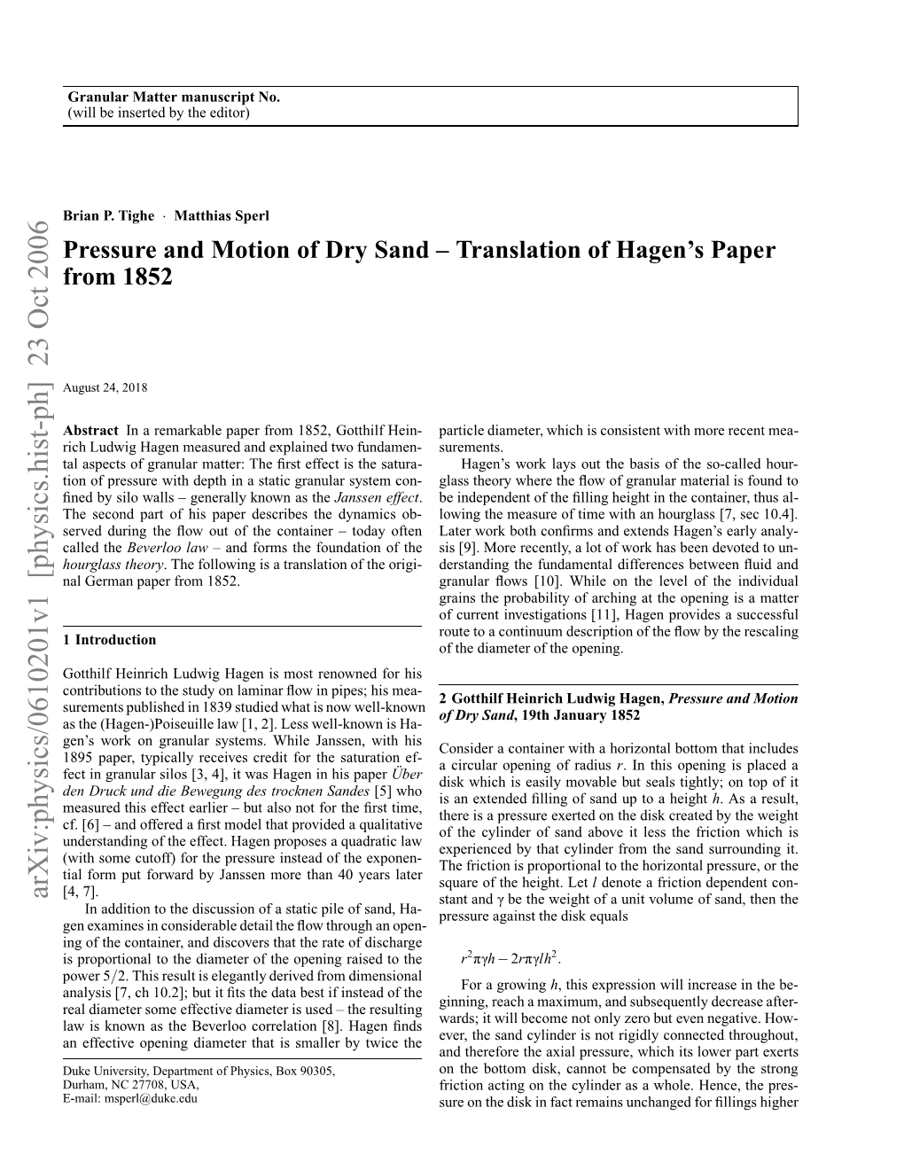 Pressure and Motion of Dry Sand – Translation of Hagen's Paper From