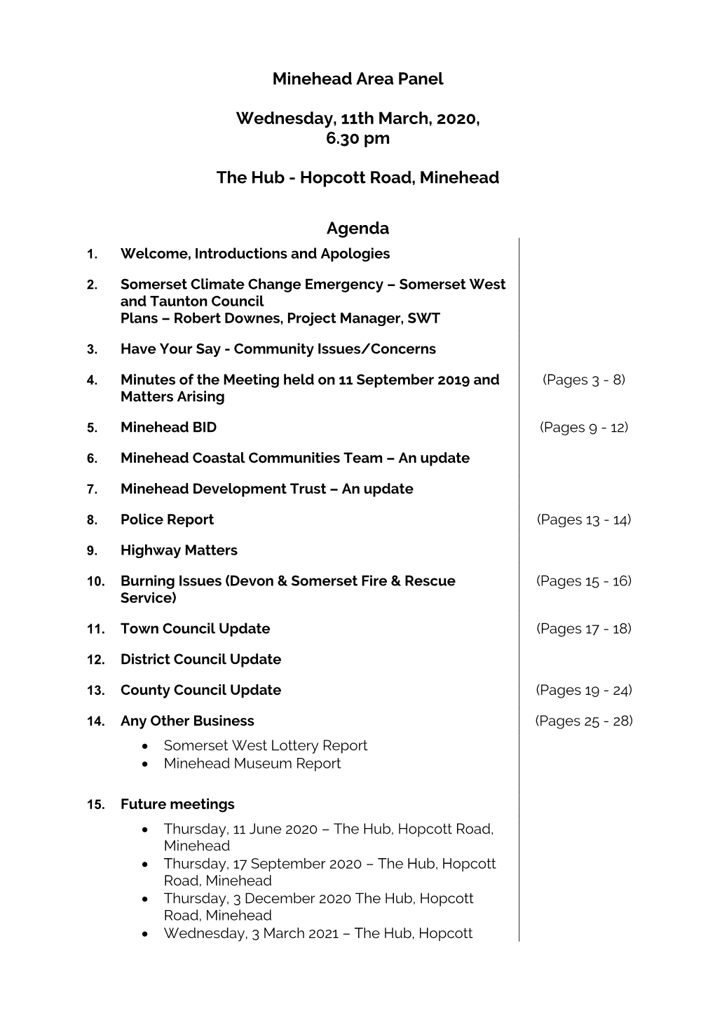 Agenda Document for Minehead Area Panel, 11/03/2020 18:30