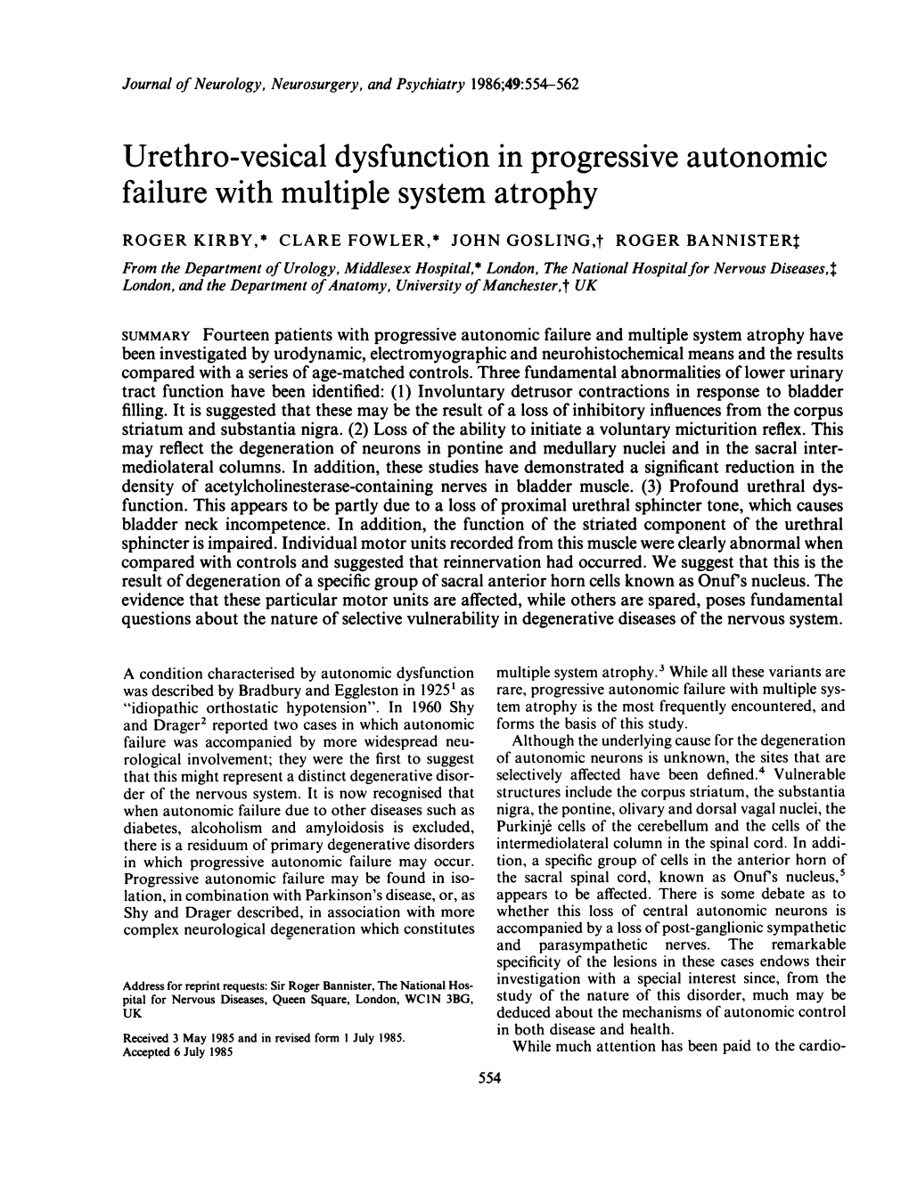 Urethro-Vesical Dysfunction in Progressive Autonomic Failure with Multiple System Atrophy