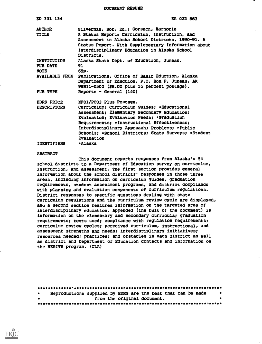 Curriculum, Instruction, and Assessment in Alaska School Districts, 1990-91