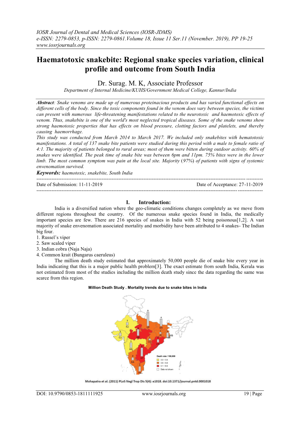 Haematotoxic Snakebite: Regional Snake Species Variation, Clinical Profile and Outcome from South India