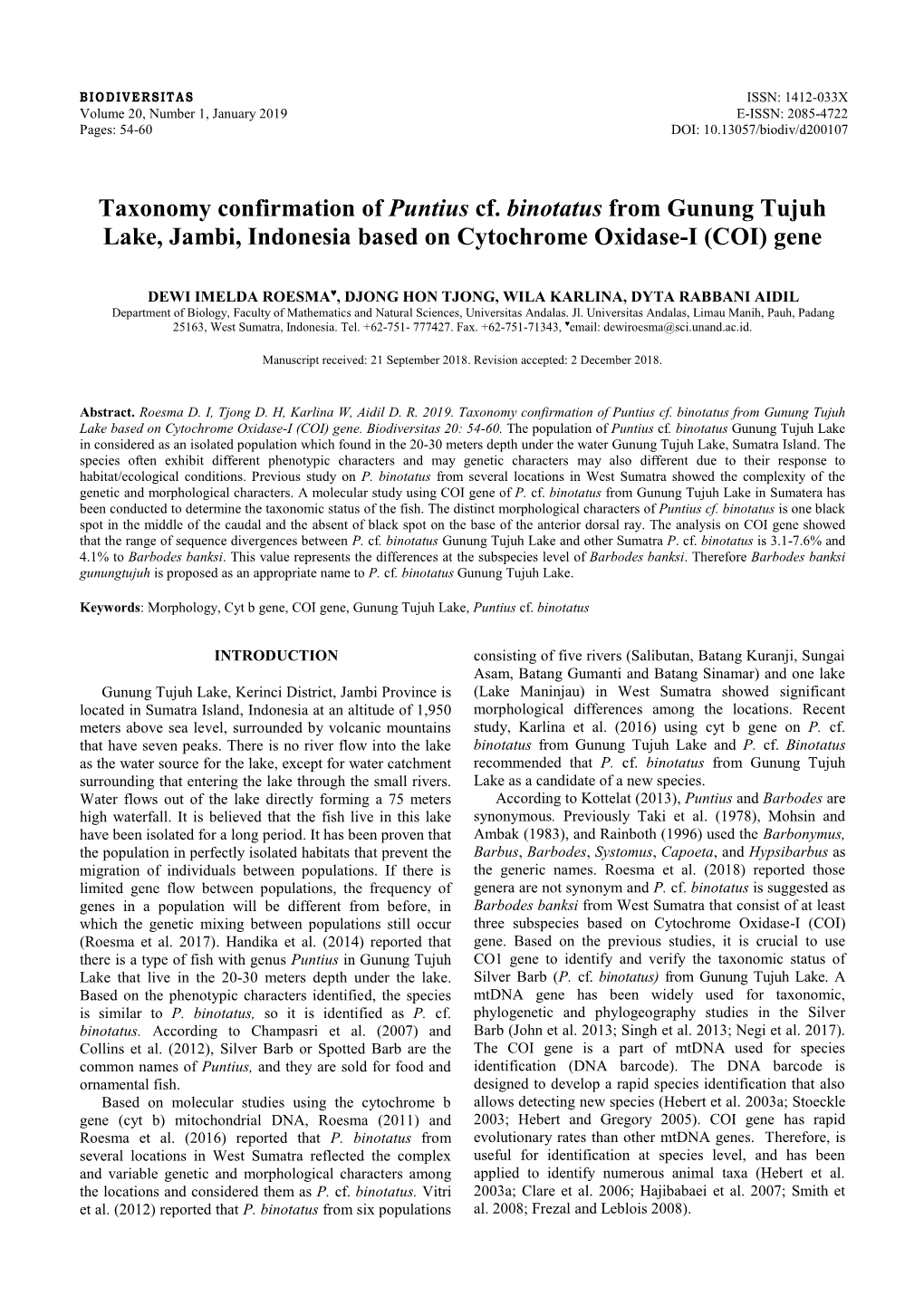 Taxonomy Confirmation of Puntius Cf. Binotatus from Gunung Tujuh Lake, Jambi, Indonesia Based on Cytochrome Oxidase-I (COI) Gene